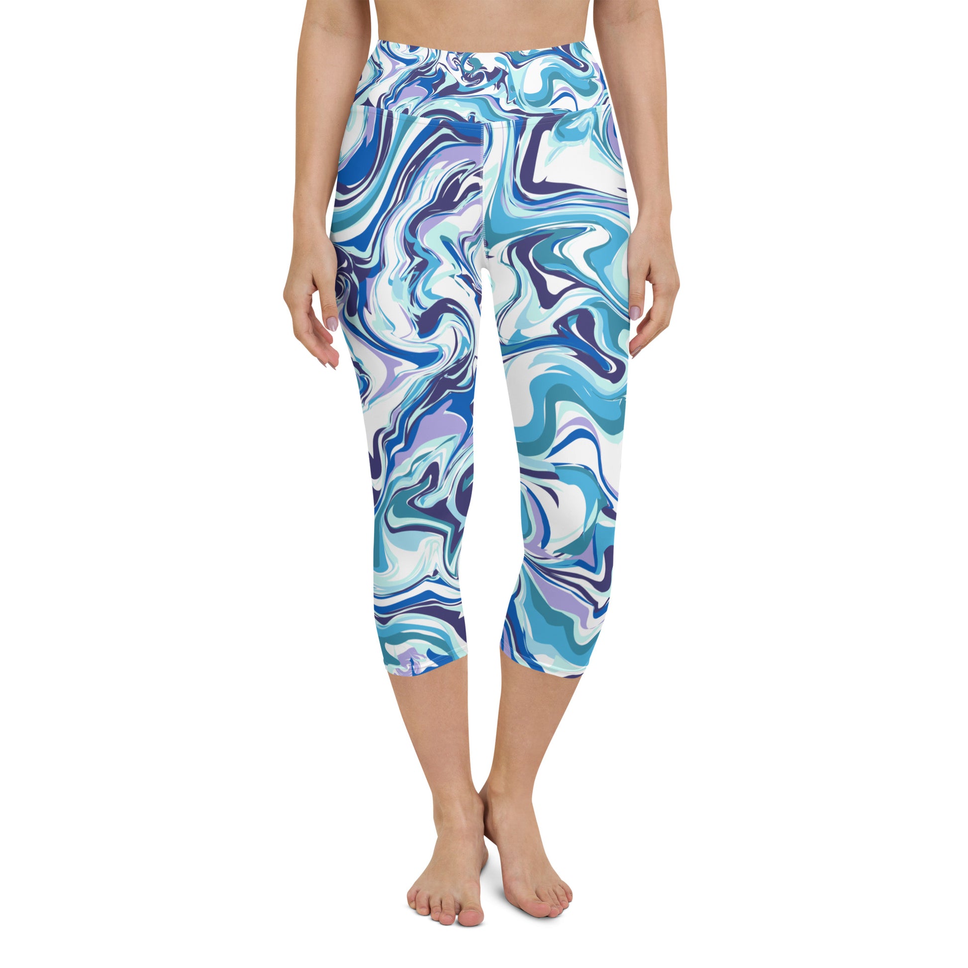 Blue swirl yoga leggings, workout leggings, stretchy leggings, moisture-wicking leggings, high-waisted leggings, compression leggings, breathable leggings, non-see-through leggings, seamless leggings, eco-friendly leggings 