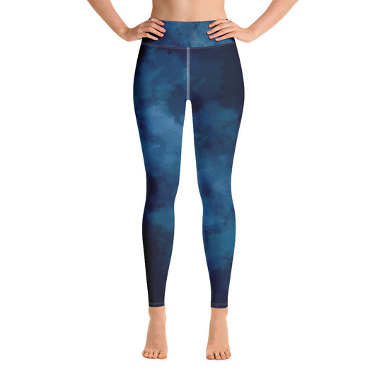 blue print yoga leggings, workout leggings, stretchy leggings, moisture-wicking leggings, high-waisted leggings, compression leggings, breathable leggings, non-see-through leggings, seamless leggings, eco-friendly leggings 