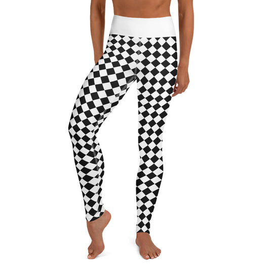 Black and white checkered leggings featuring a bold geometric pattern. The leggings are form-fitting and stretchy, with a high waistband and ankle-length hem. The fabric is smooth and opaque, ensuring full coverage and comfort during workouts or everyday wear."