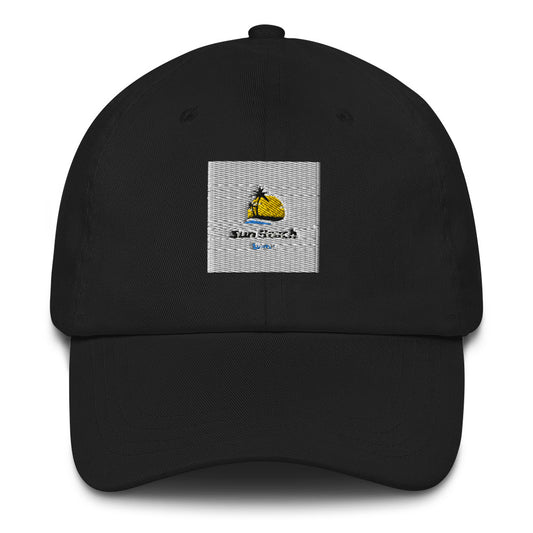 A dad hat with a sun and beach logo embroidered in light blue and yellow on the front. The hat is made of light-colored cotton fabric and has a curved brim. It has an adjustable strap at the back for a comfortable fit."